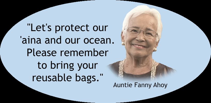 "Let's protect our ‘āina and our ocean. Please remember to bring your reusable bags." - Auntie Fanny Ahoy quote